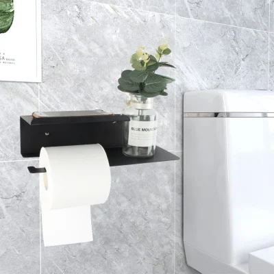 Черный настенный держатель из нержавеющей стали 304 для рулонов салфеток, вешалка для полотенец с лотком для мобильного телефона, держатель для туалетной бумаги в ванной комнате